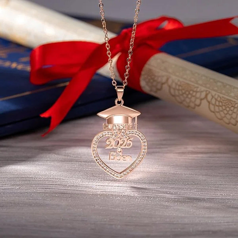 Personalized Grad Cap Zircon Heart Necklace with Name and Year Class of 2025 Graduation Birthday Gift for Graduates