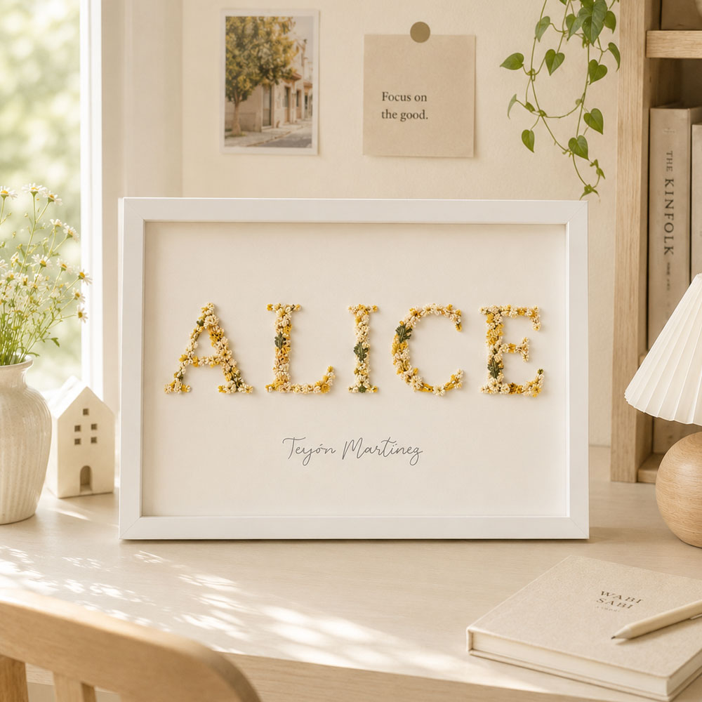 Personalized Dried Flower Name Frame – Custom Floral Wall Decor with Wooden Frame