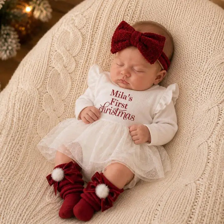 Personalized Baby Girl’s First Christmas Dress – Custom Name Tulle Bodysuit