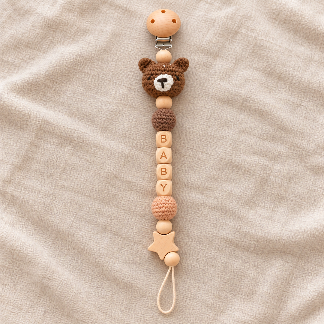 Personalized Crochet Pacifier Clip, Neutral Boho Pacifier Holder, Custom Name Baby Accessory, Newborn Baby Shower Gift