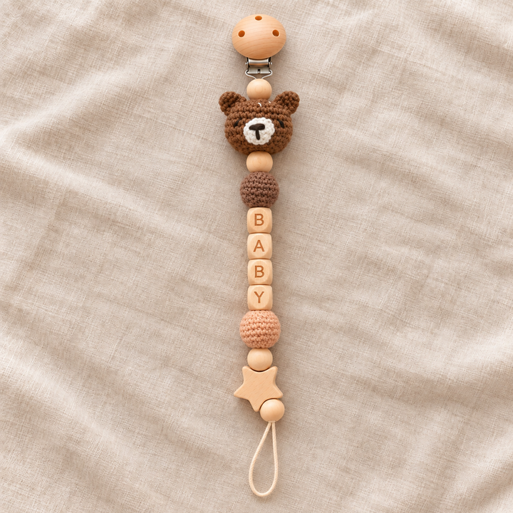 Personalized Crochet Pacifier Clip, Neutral Boho Pacifier Holder, Custom Name Baby Accessory, Newborn Baby Shower Gift