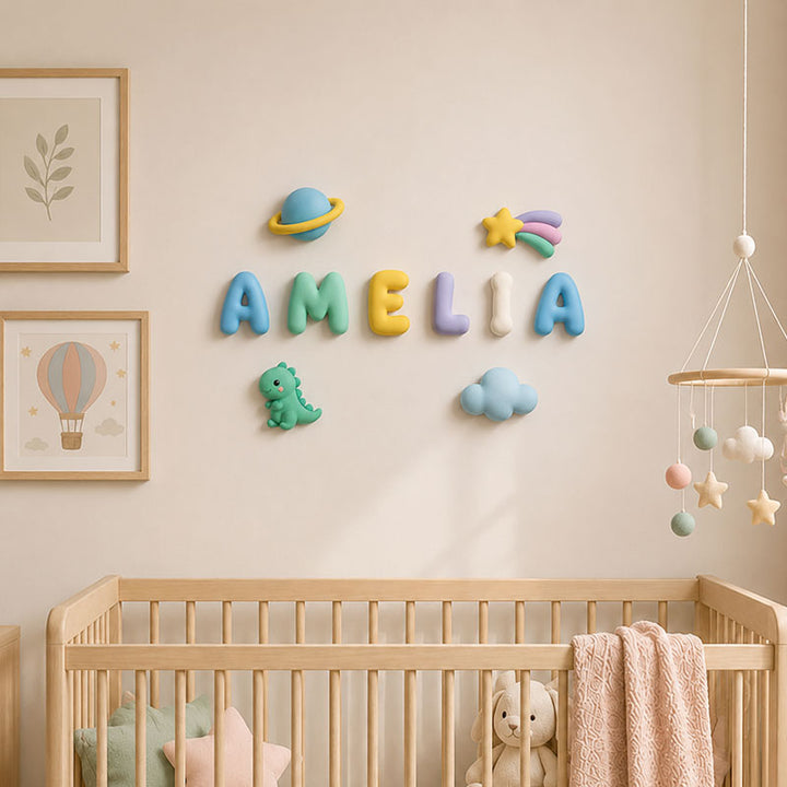Personalized 3D Printed Name Sign with Cute Charms for Nursery & Kids Room