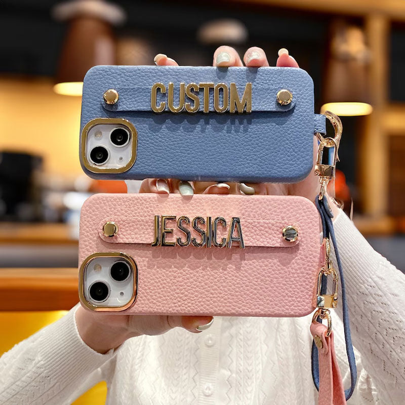 For iPhone - Personalized Genuine Leather Lychee Pattern Metal Letter Phone Case