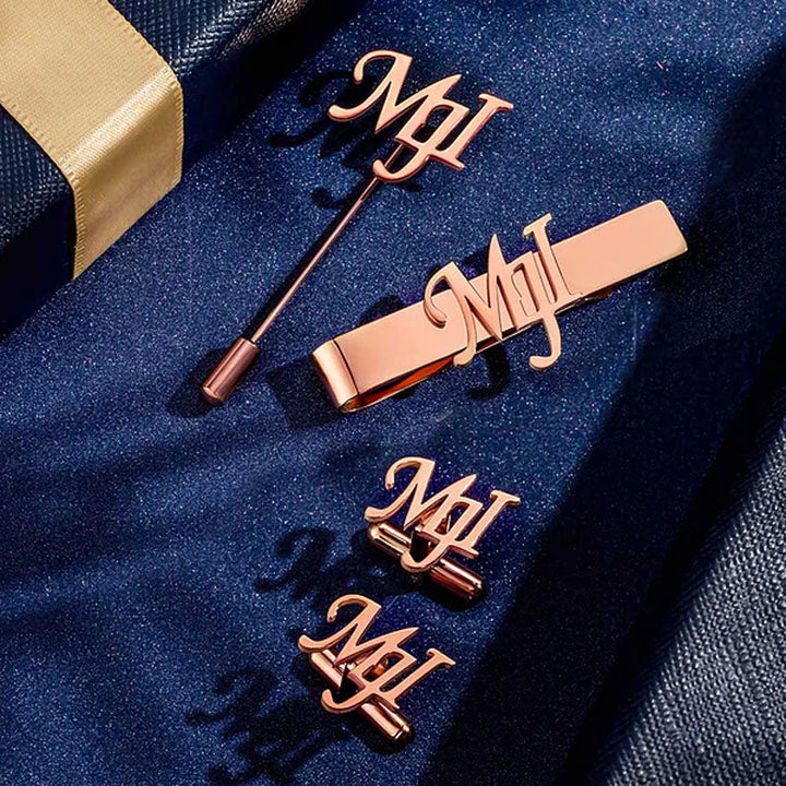 Personalized Name Initial Cufflinks Tie Bar Lapel Pin Set