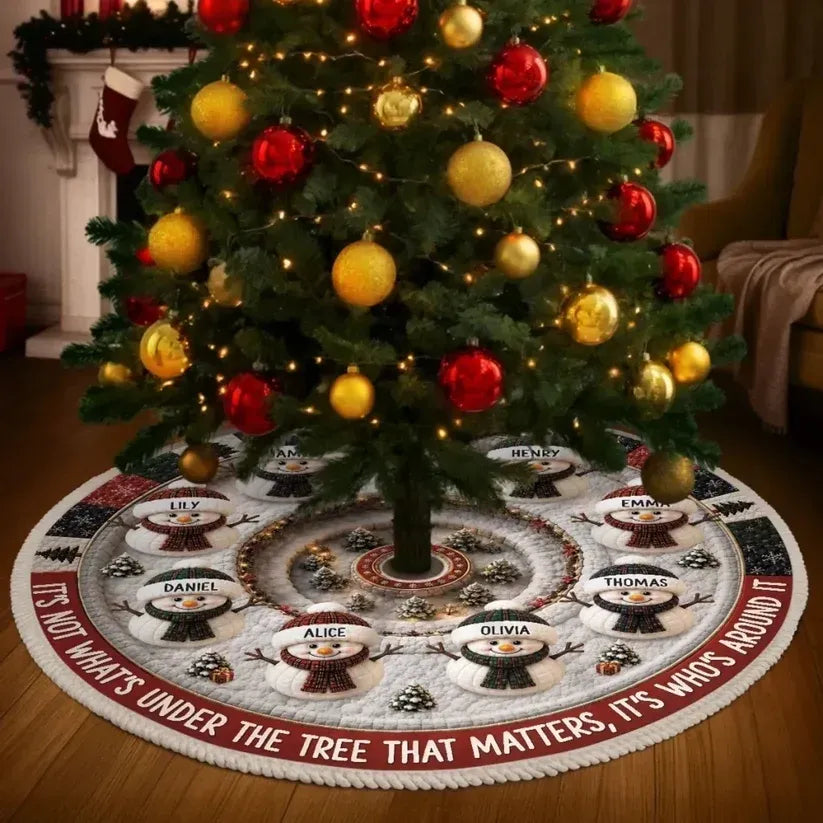 Personalized Family Snowman Christmas Tree Skirt – Custom Snowman Quantity & Family Names Holiday Tree Decor