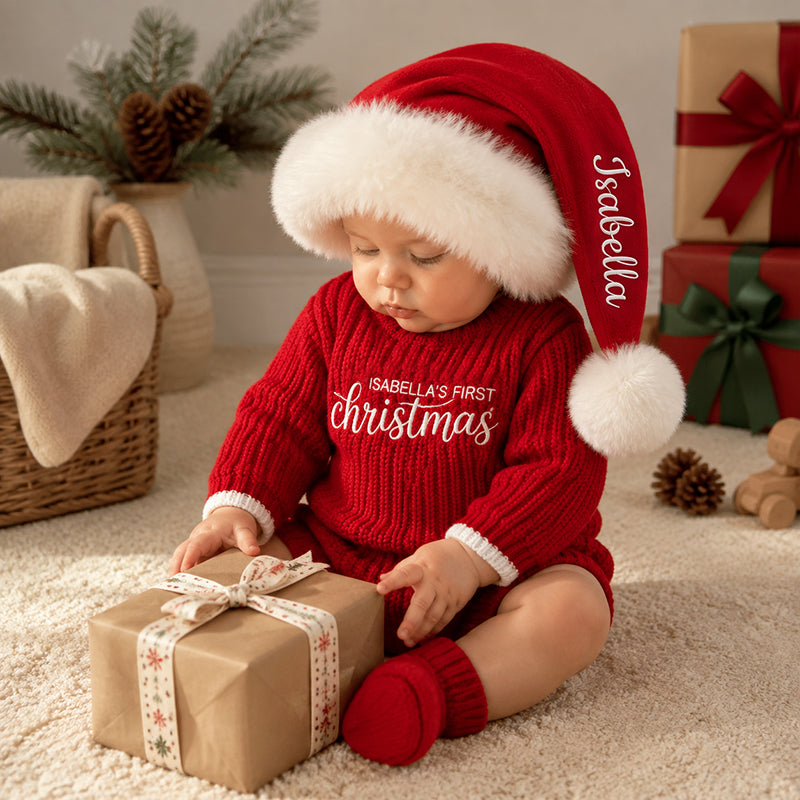Personalized Baby’s First Christmas Organic Cotton Knit Romper