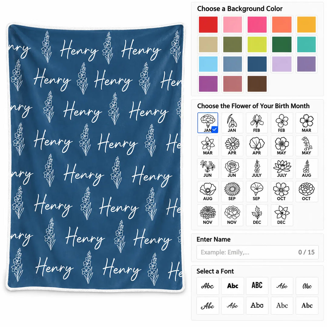 Custom Name Flower Blanket for Kids – Soft Flannel Blanket with Repeating Floral Design