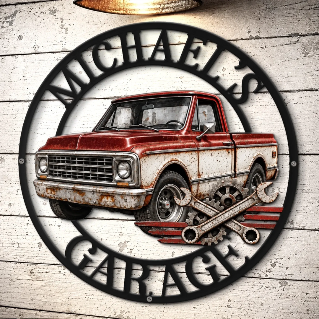 Personalized Classic Truck Garage Metal Sign – Custom Name Workshop Decor for Dad, Husband, Grandpa, Brother & Mechanic