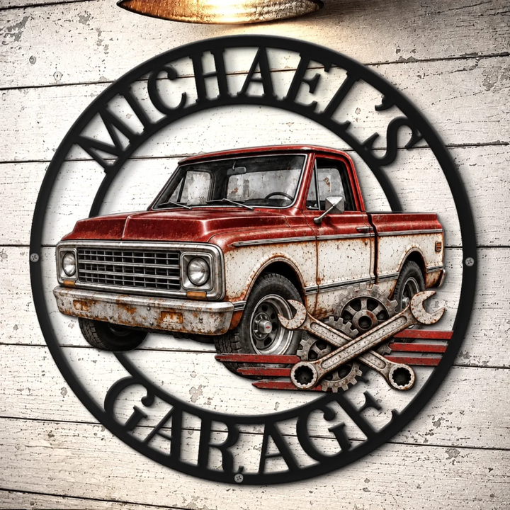 Personalized Classic Truck Garage Metal Sign – Custom Name Workshop Decor for Dad, Husband, Grandpa, Brother & Mechanic