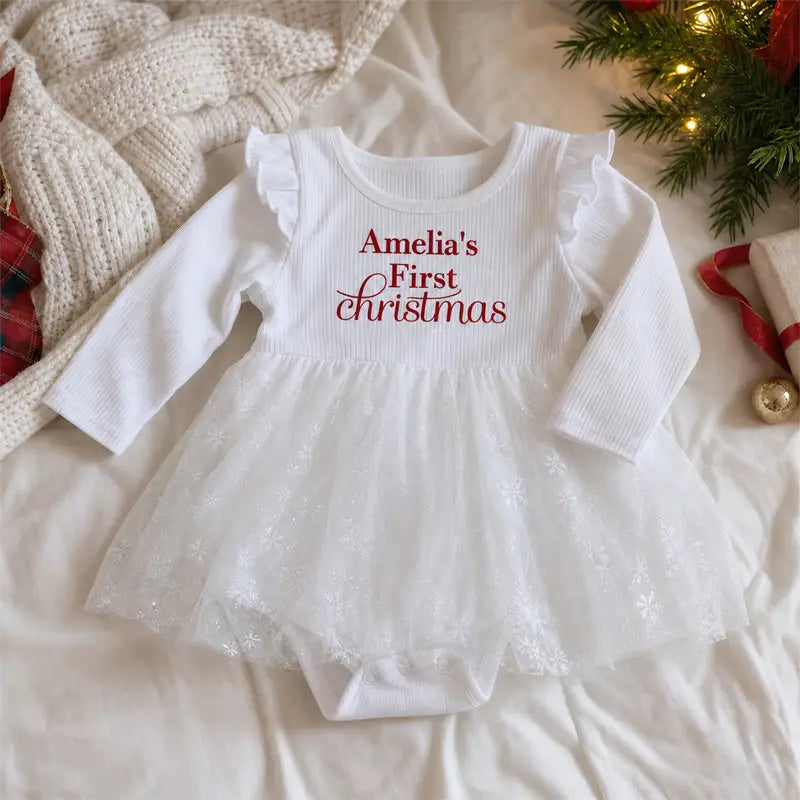 Personalized Baby Girl’s First Christmas Dress – Custom Name Tulle Bodysuit