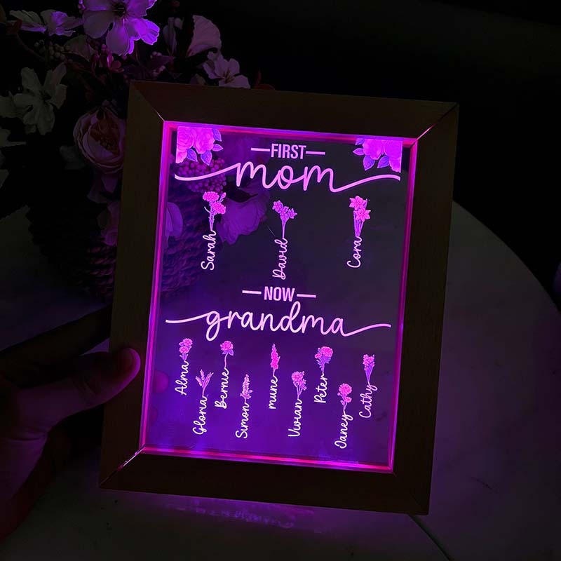 First Mom Now Grandma | Personalized Birth Flower Light Up Frame