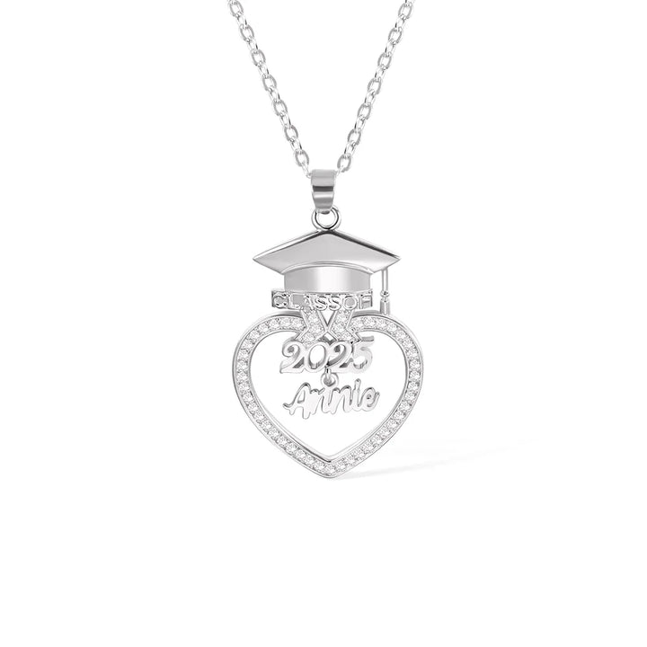 Personalized Grad Cap Zircon Heart Necklace with Name and Year Class of 2025 Graduation Birthday Gift for Graduates