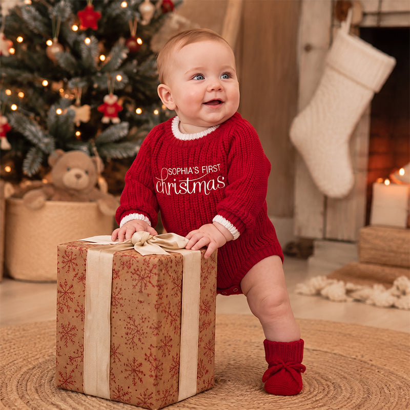 Personalized Baby’s First Christmas Organic Cotton Knit Romper