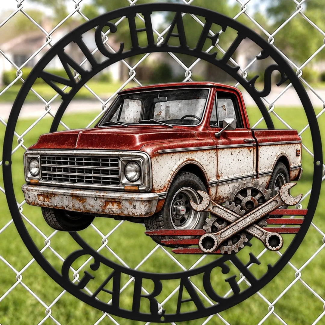 Personalized Classic Truck Garage Metal Sign – Custom Name Workshop Decor for Dad, Husband, Grandpa, Brother & Mechanic