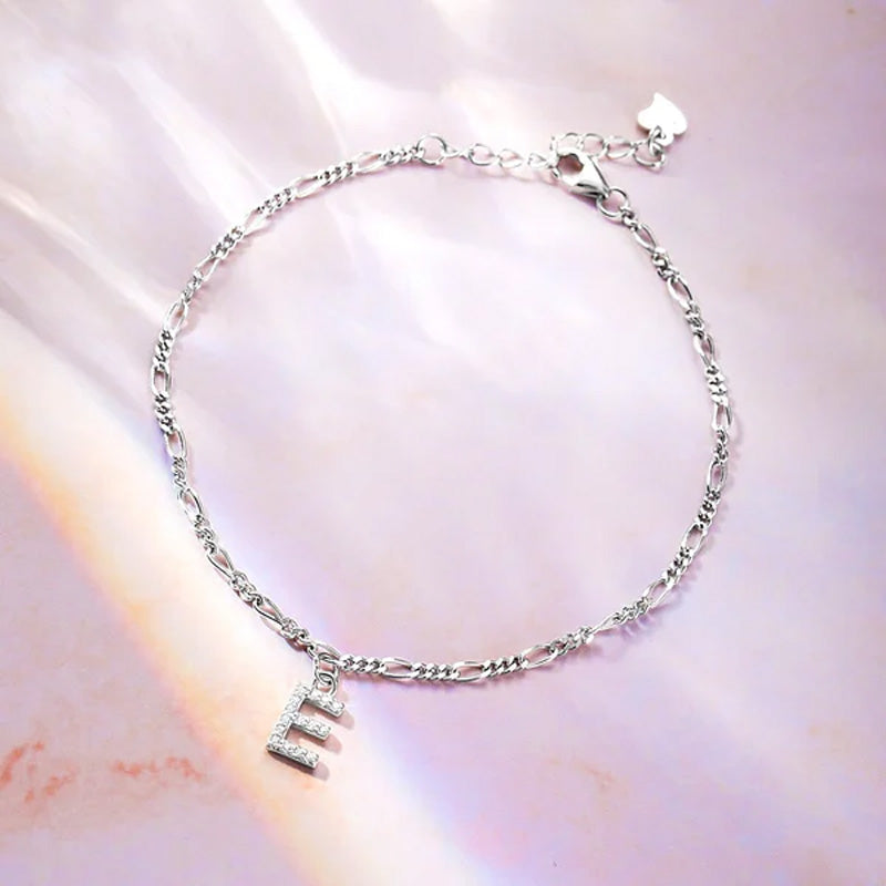 Personalized Sparkle Initial Anklet with Adjustable Figaro Chain & Crystal Initials