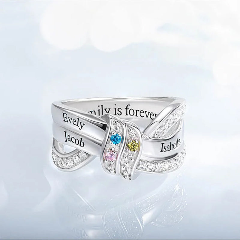 Personalized Ribbon Knot Ring - 1-8 Birthstones and Engraved Names