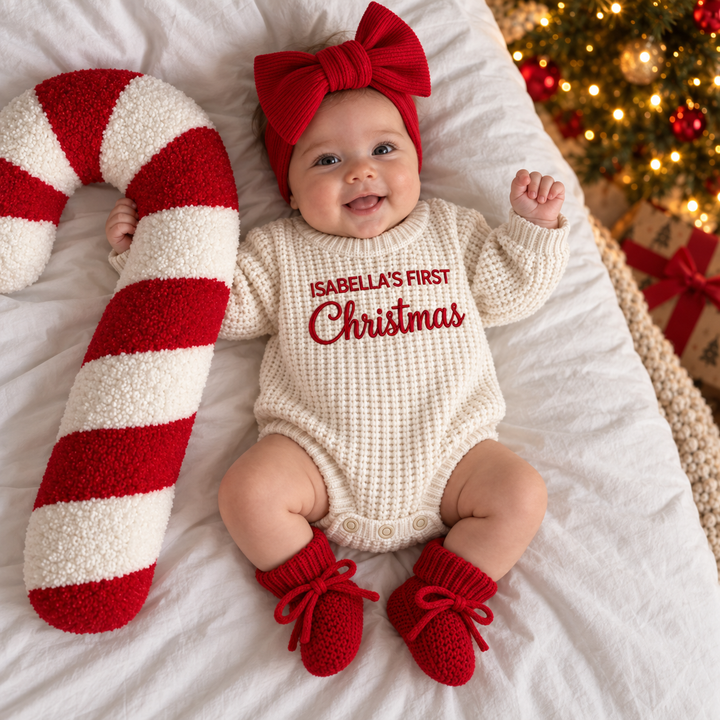 Personalized Baby’s First Christmas Organic Cotton Knit Romper Set