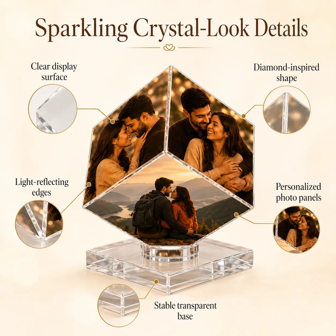 Custom 3-Photo Crystal Diamond Keepsake – Personalized Romantic Photo Display Gift for Couples