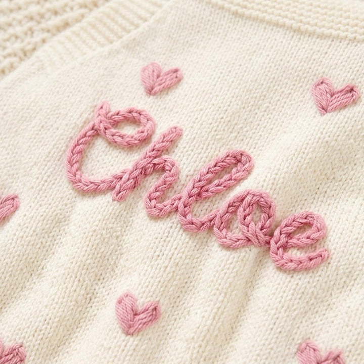 Personalized Hand-Embroidered Knit Baby Romper – Custom Name Baby Girl Outfit