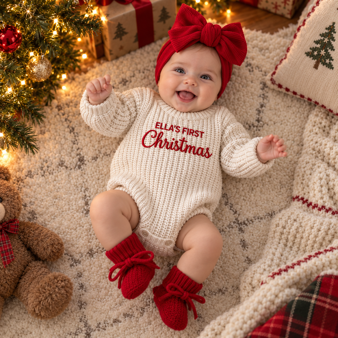 Personalized Baby’s First Christmas Organic Cotton Knit Romper Set