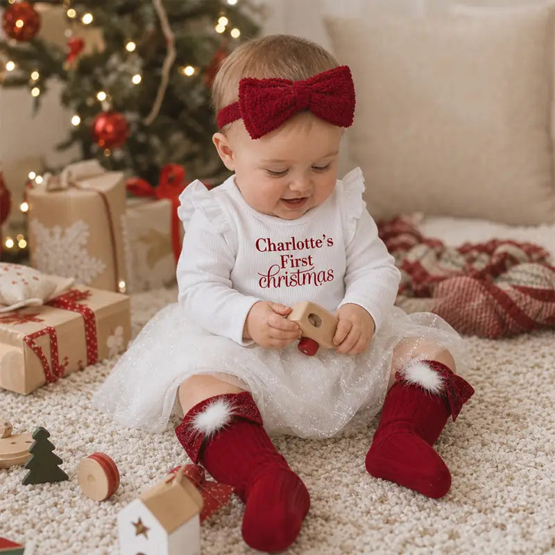 Personalized Baby Girl’s First Christmas Dress – Custom Name Tulle Bodysuit