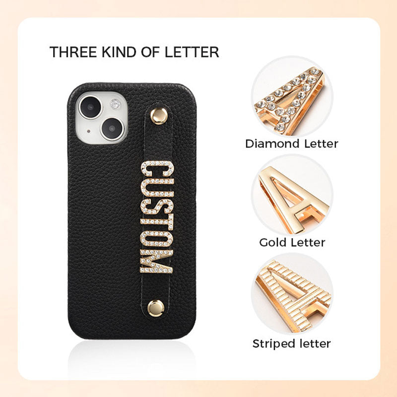 For iPhone - Personalized Genuine Leather Lychee Pattern Metal Name Phone Case