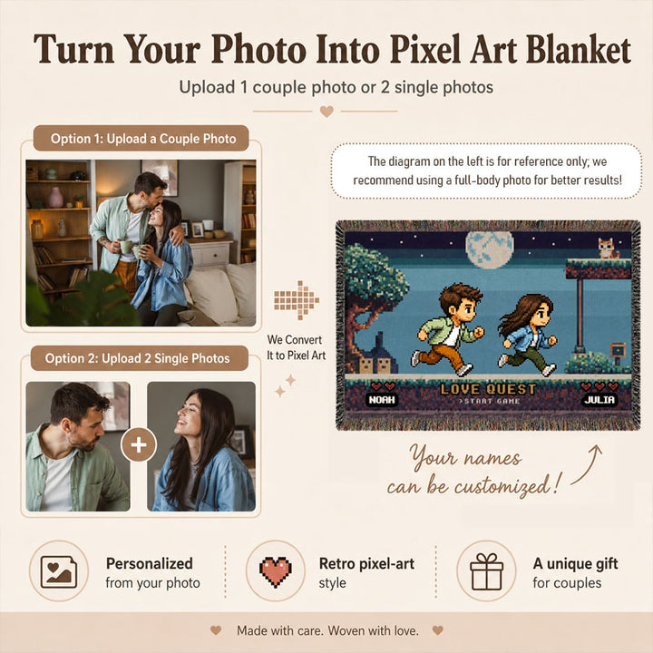 Personalized Pixel Love Quest Blanket – Turn Your Photo Into A Retro Game Adventure