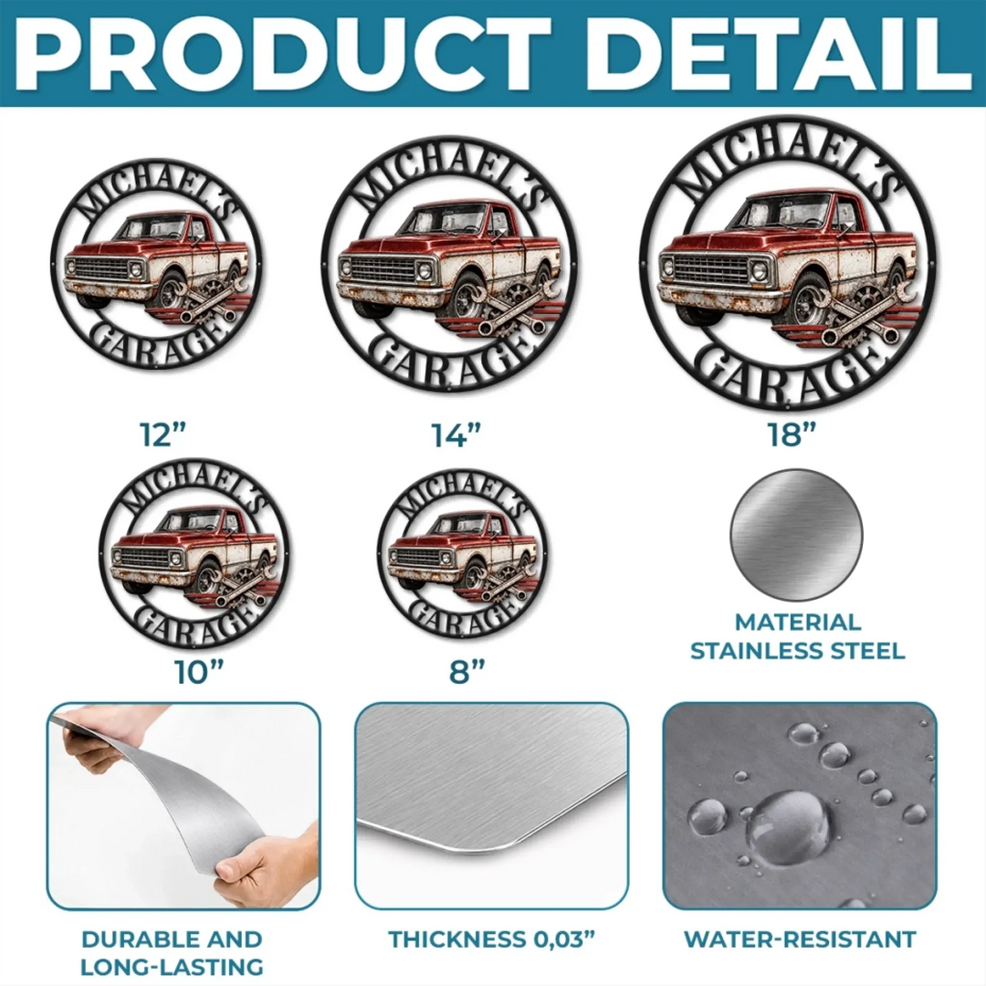 Personalized Classic Truck Garage Metal Sign – Custom Name Workshop Decor for Dad, Husband, Grandpa, Brother & Mechanic