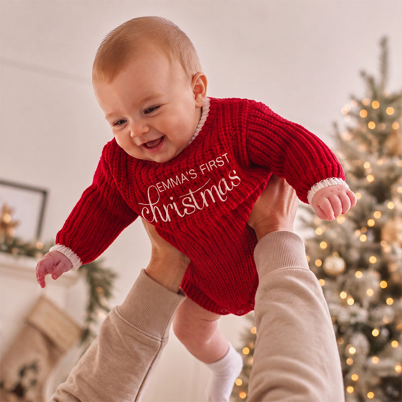 Personalized Baby’s First Christmas Organic Cotton Knit Romper