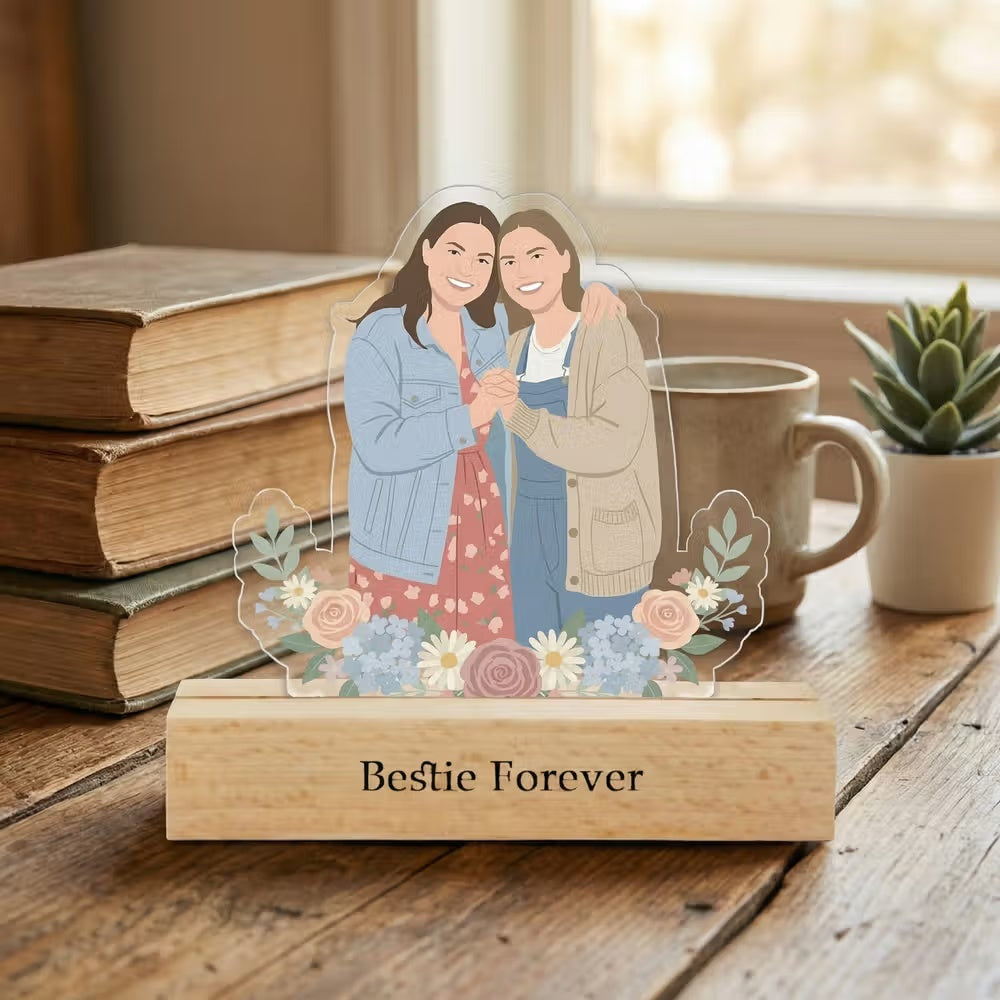 Personalized Acrylic Cartoon Portrait Stand with Wooden Base