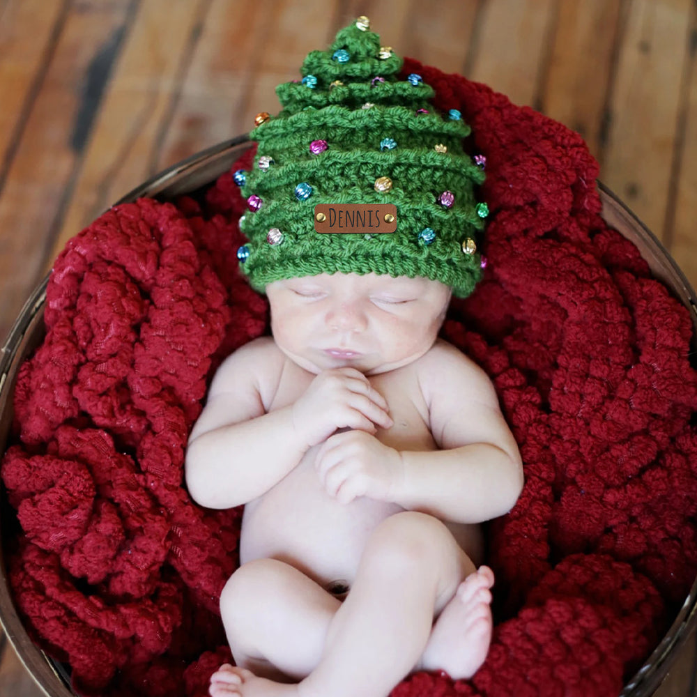 Personalized Leather Patch Christmas Tree Crochet Hat