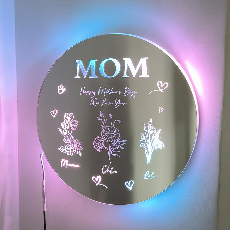 Personalized Birth Flower Mirror Lamp With Name