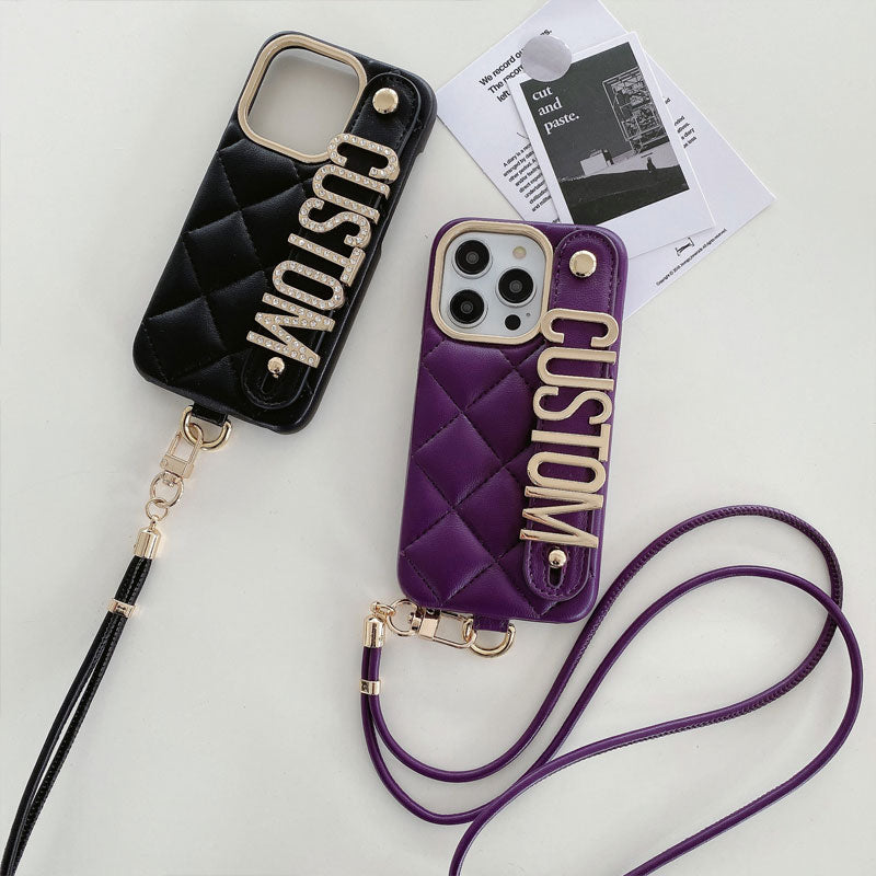 For iPhone - Personalized Letter Rhombus Bread Leather Lanyard Phone Case