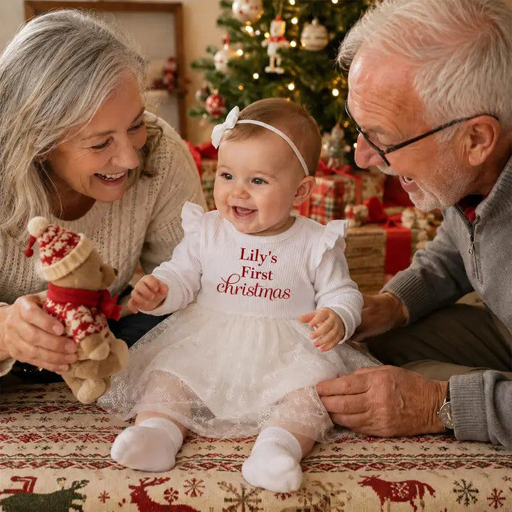 Personalized Baby Girl’s First Christmas Dress – Custom Name Tulle Bodysuit