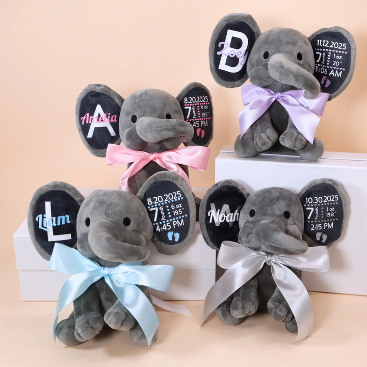 Personalized Baby Elephant Plush – Custom Newborn Birth Details Keepsake Gift