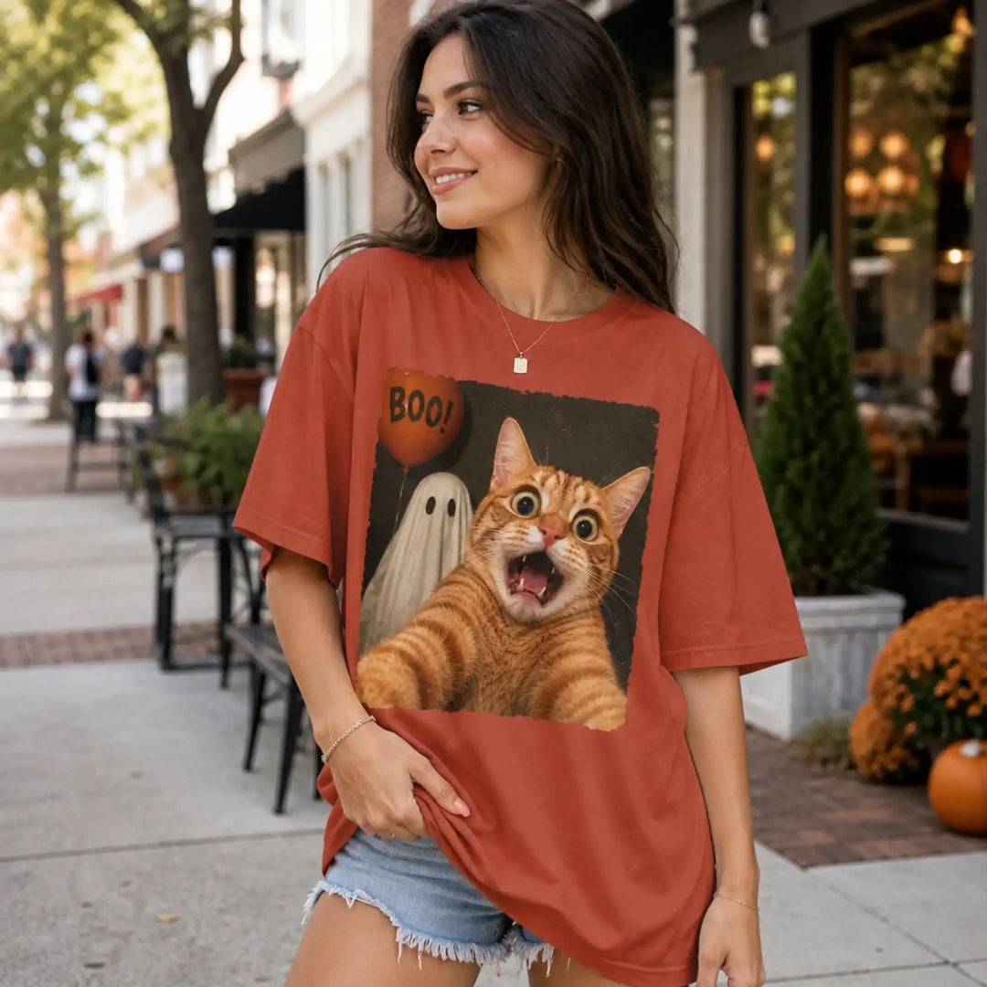 Custom Photo Funny Cat Selfie With Boo T-Shirt - Personalized Halloween Gifts For Dog Cat Lovers, Dog Dad And Mom, Cat Owners - Selfie With My Boo