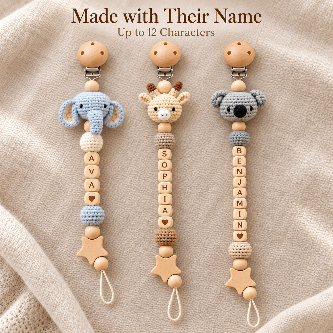 Personalized Crochet Animal Pacifier Clip – Custom Baby Name Gift