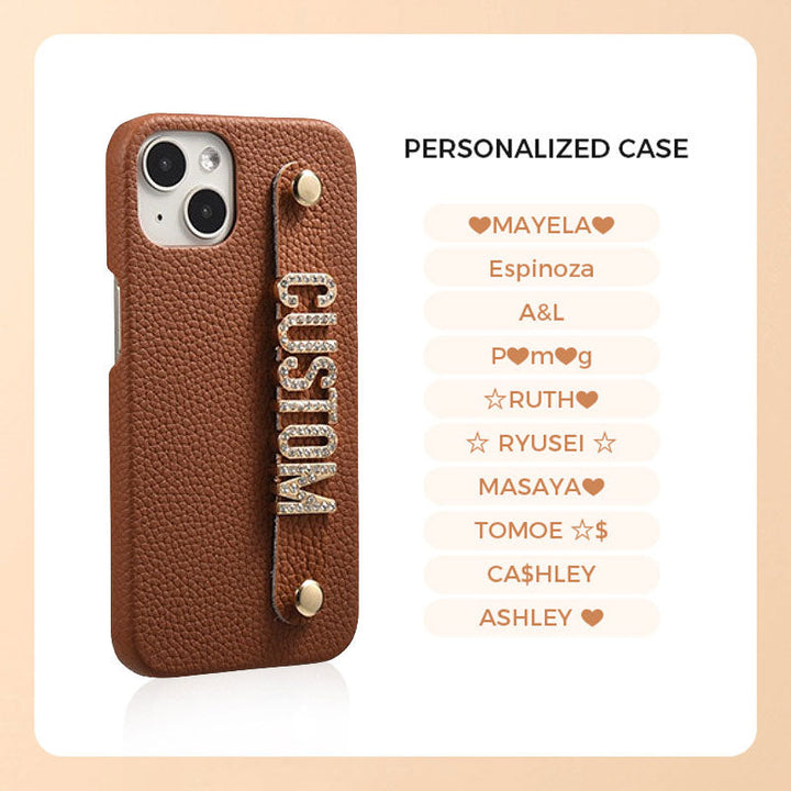 For iPhone - Personalized Genuine Leather Lychee Pattern Metal Name Phone Case