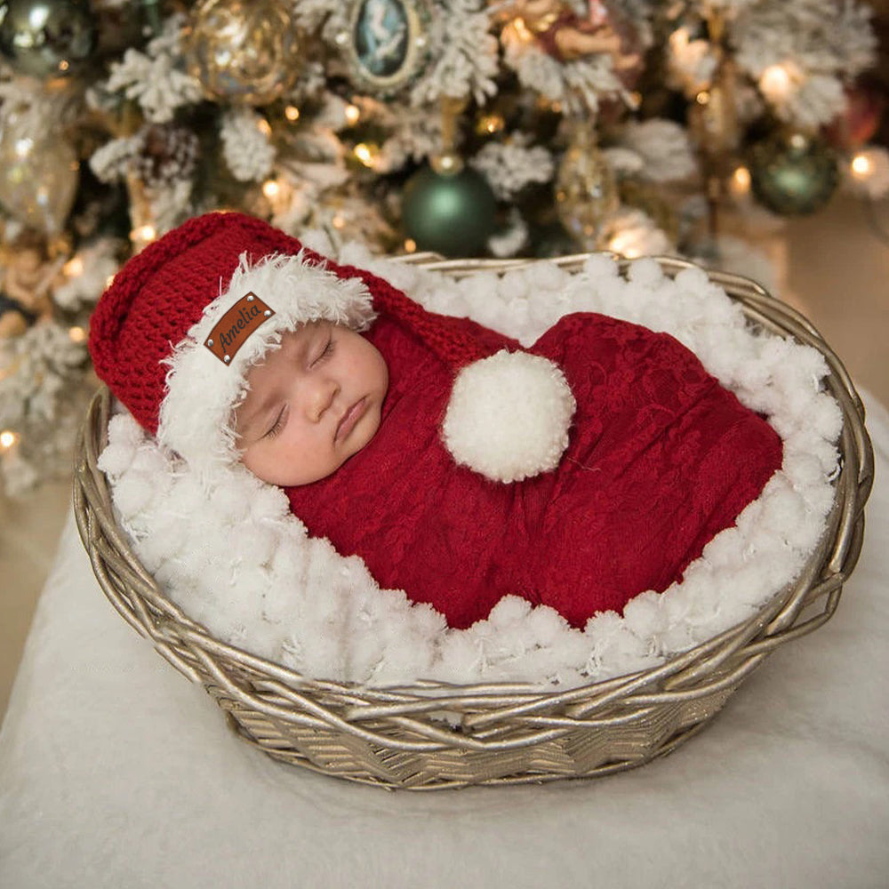 Weihnachtsmütze mit Lederaufnäher, personalisierbar