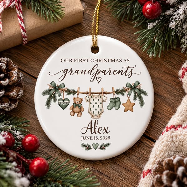 Christmas First Grandparents-Personalized Ceramic Ornament, Personalized Baby Name Clothesline Souvenir, Christmas Ornament