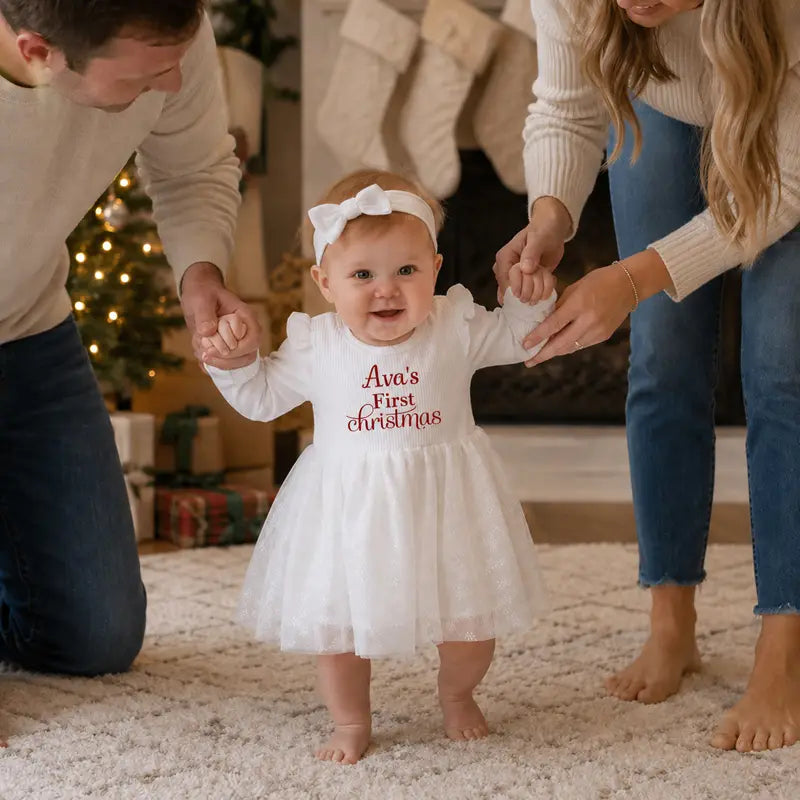 Personalized Baby Girl’s First Christmas Dress – Custom Name Tulle Bodysuit