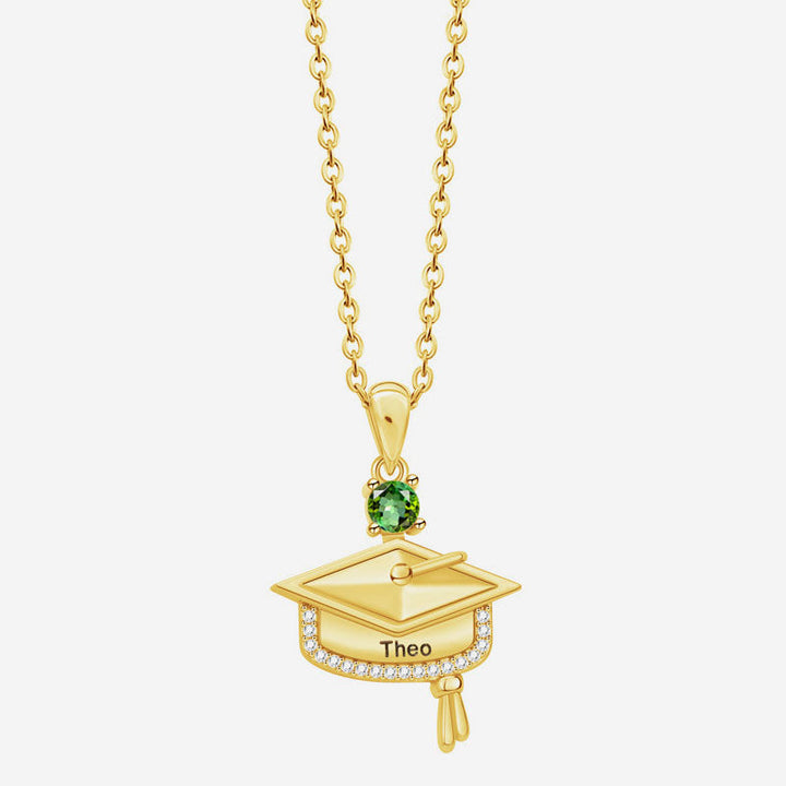 Personalized Graduation Cap Birthstone Necklace with Engraved Name and Year