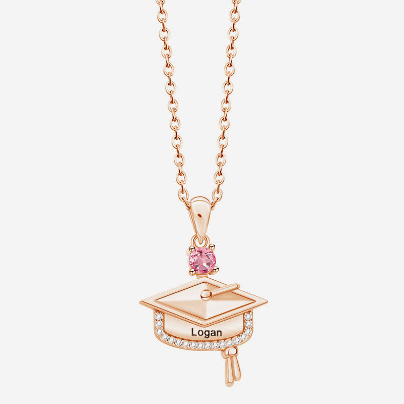 Personalized Graduation Cap Birthstone Necklace with Engraved Name and Year