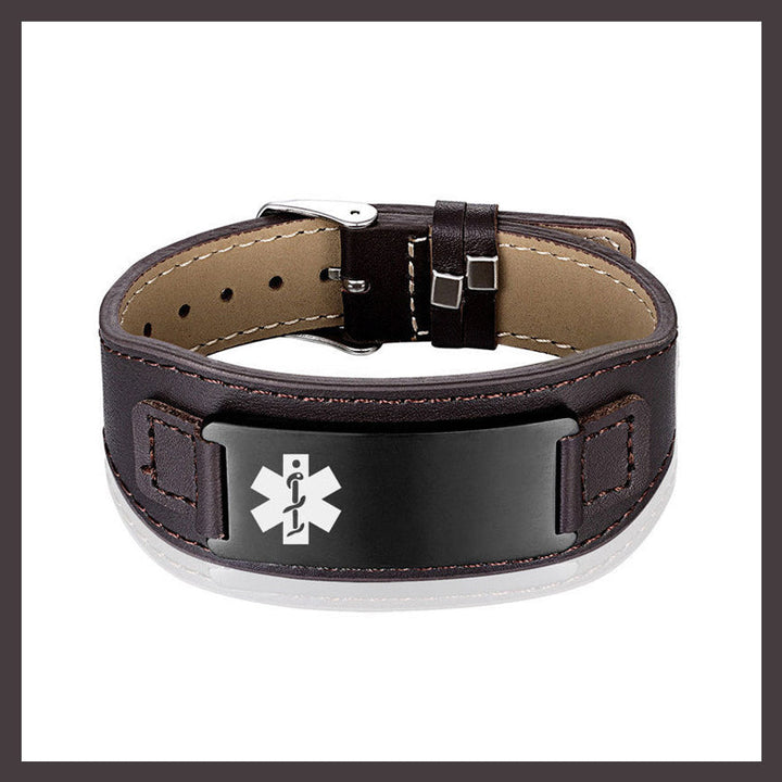 Personalized Adjustable Leather Emergency Medical Alert Bracelet