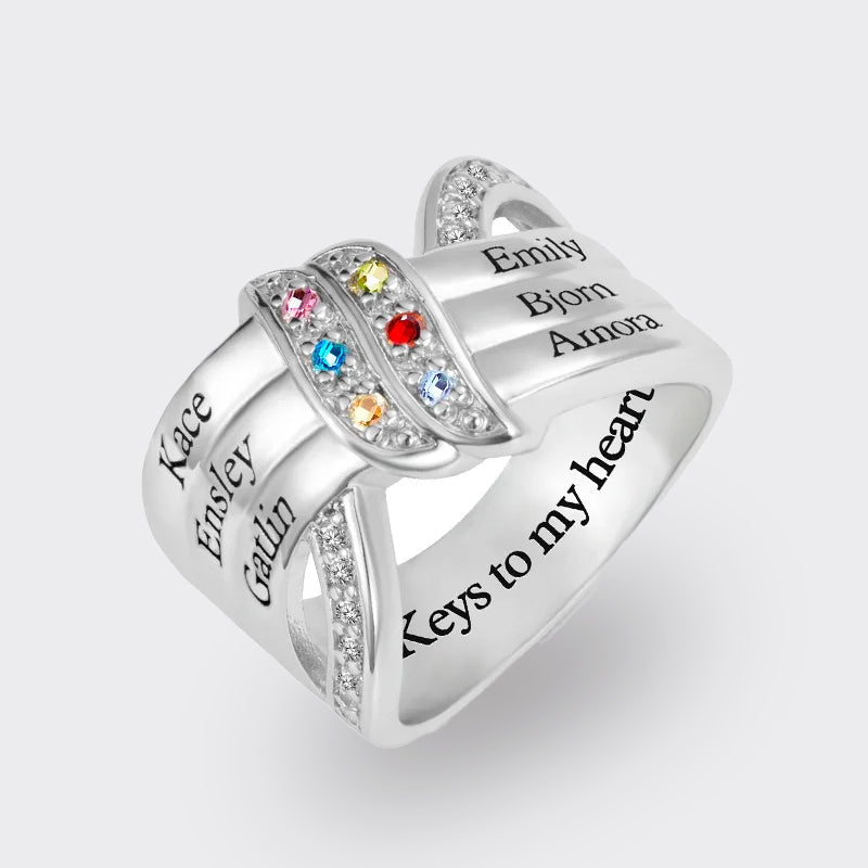 Personalized Ribbon Knot Ring - 1-8 Birthstones and Engraved Names