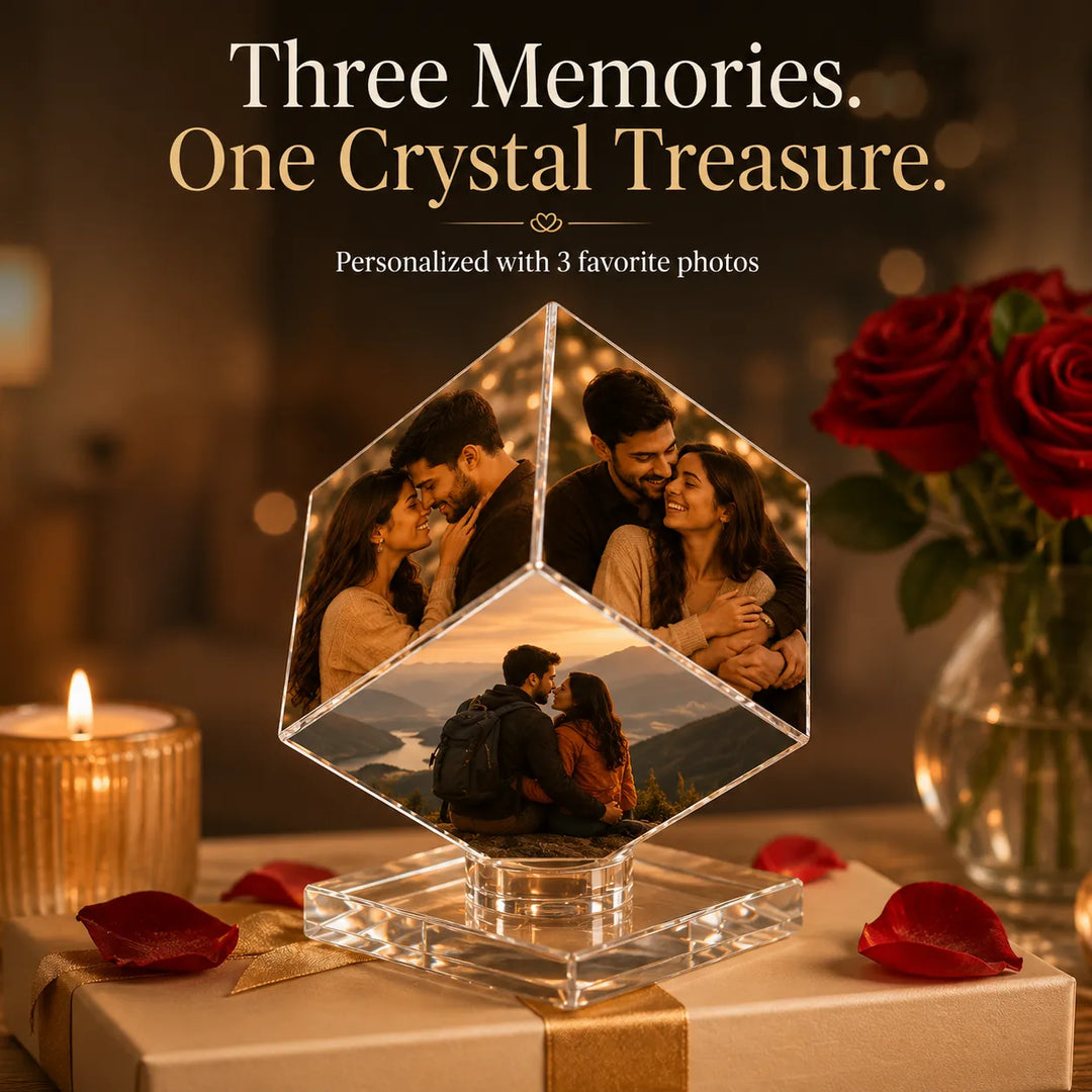 Custom 3-Photo Crystal Diamond Keepsake – Personalized Romantic Photo Display Gift for Couples