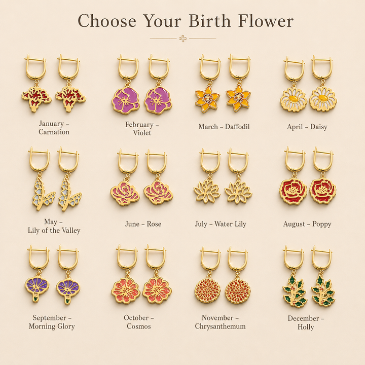 Personalized Birth Flower Dangle Earrings - Custom Birth Month Flower