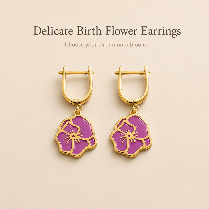 Personalized Birth Flower Dangle Earrings - Custom Birth Month Flower