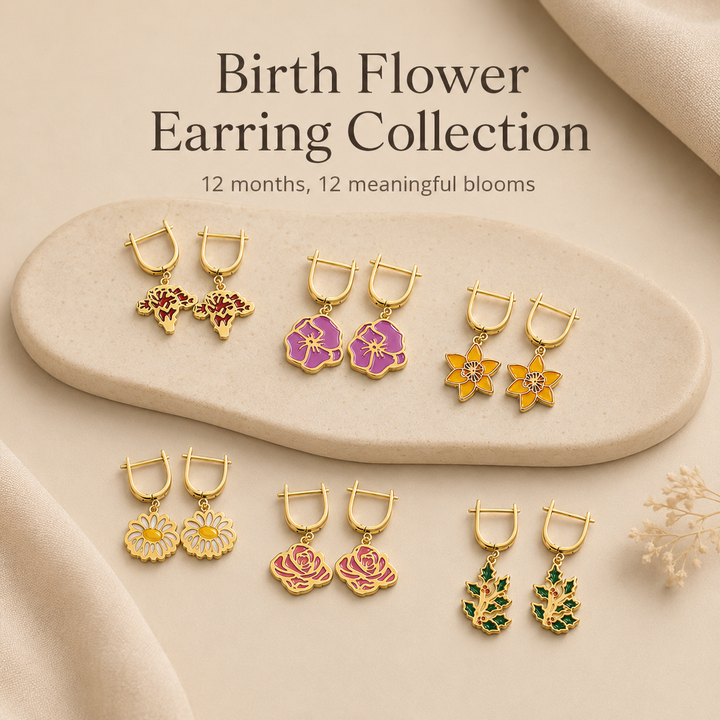 Personalized Birth Flower Dangle Earrings - Custom Birth Month Flower