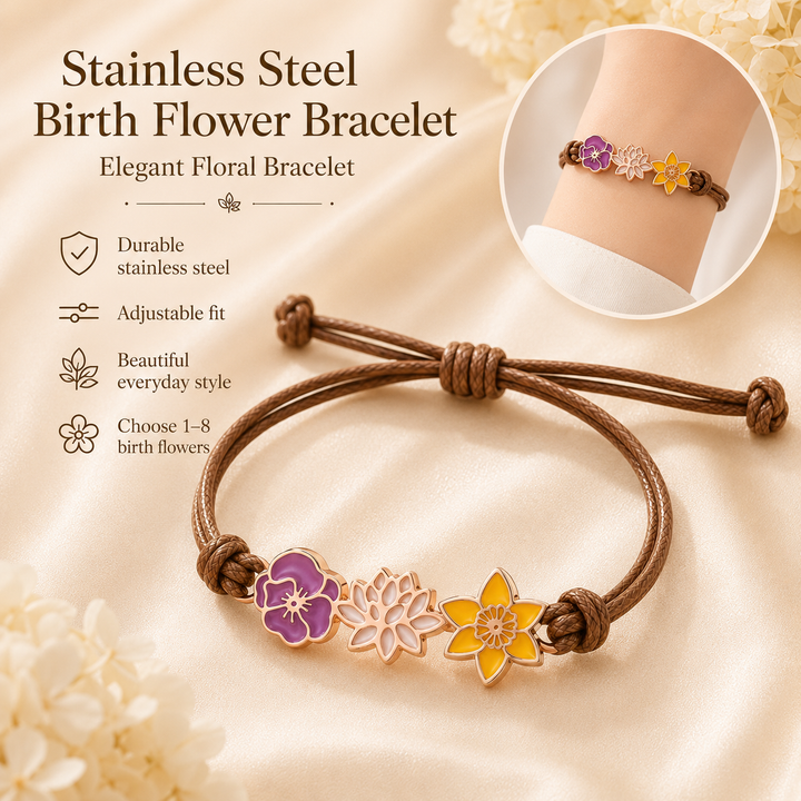 Personalized Birth Flower Bracelet for Mom – Custom Family Flower Bracelet with 1–8 Flowers